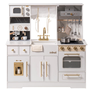 Robud Play Kitchen For Kids, Wooden Play Kitchen Set With Plenty Of Realistic Play Features, Toy Kitchen With Ice Maker, Coffee 