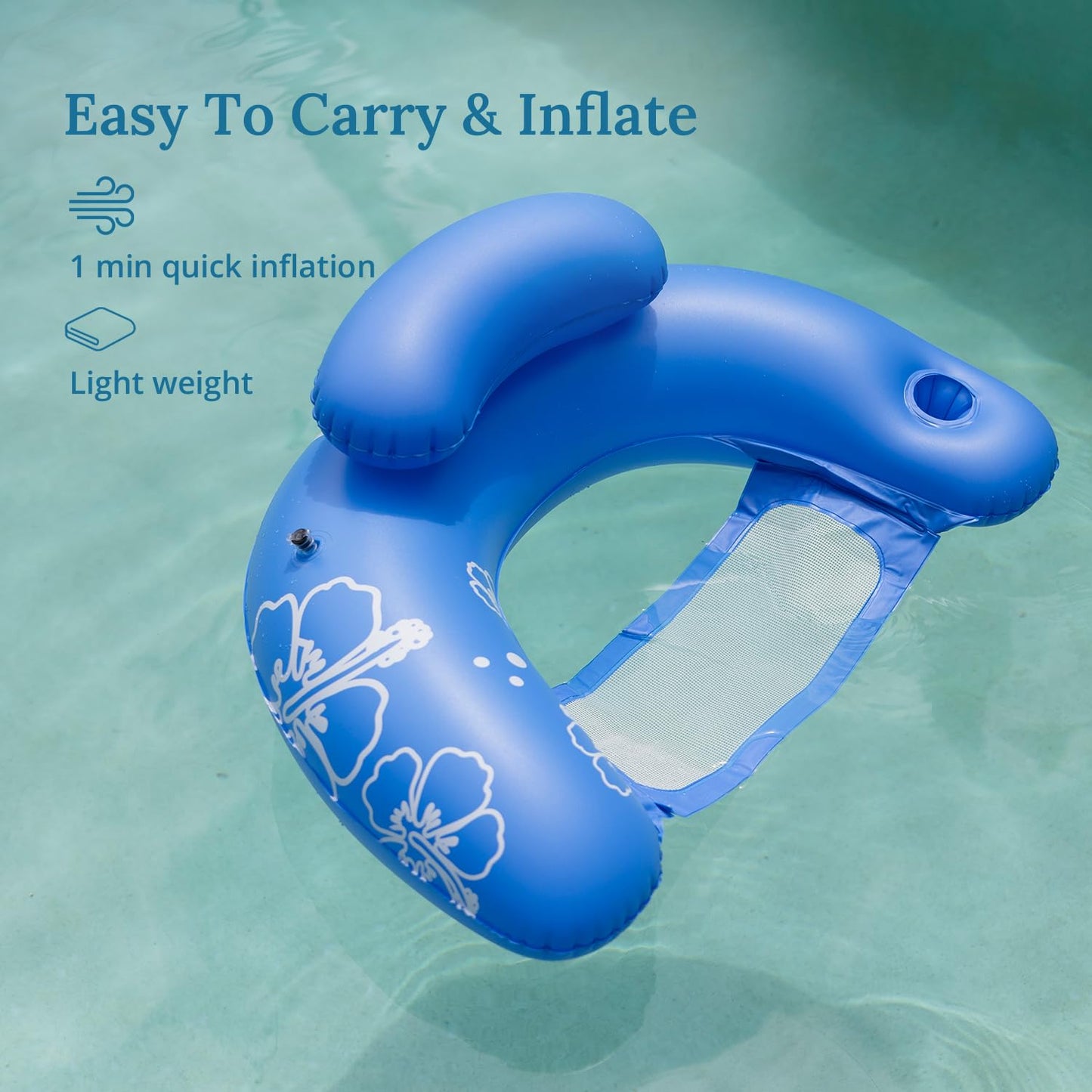 Sunrio Inflatable Pool Float Chair With Ergonomic Headrest Pool Floaties Floating Pool Chair Lounge Floats For Swimming Pool With Cup Holder Comfort Cool Mesh Vent Seat For Adults