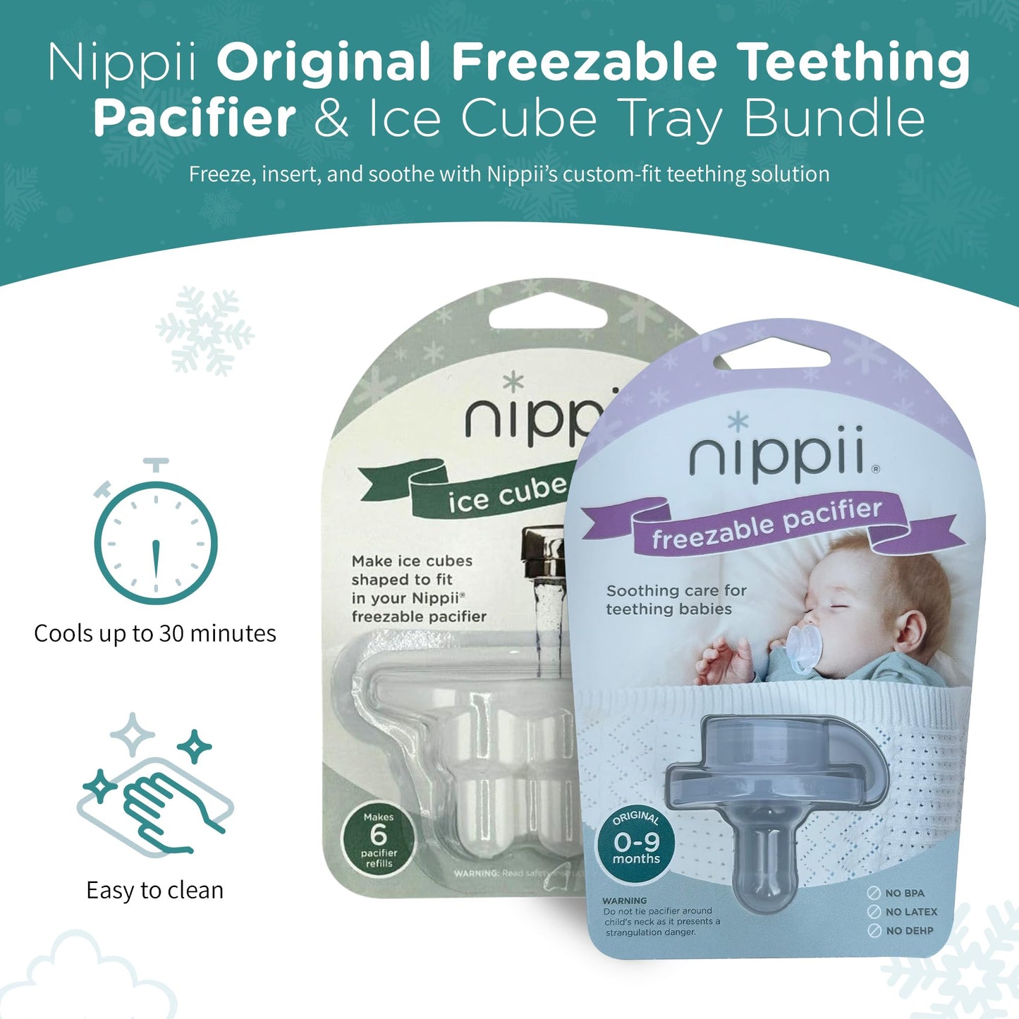 Nippii Freezer Teether Pacifier & Ice Cube Tray - Soft BPA Free Silicone Teething Toy for Babies 0-9 Months - Clear