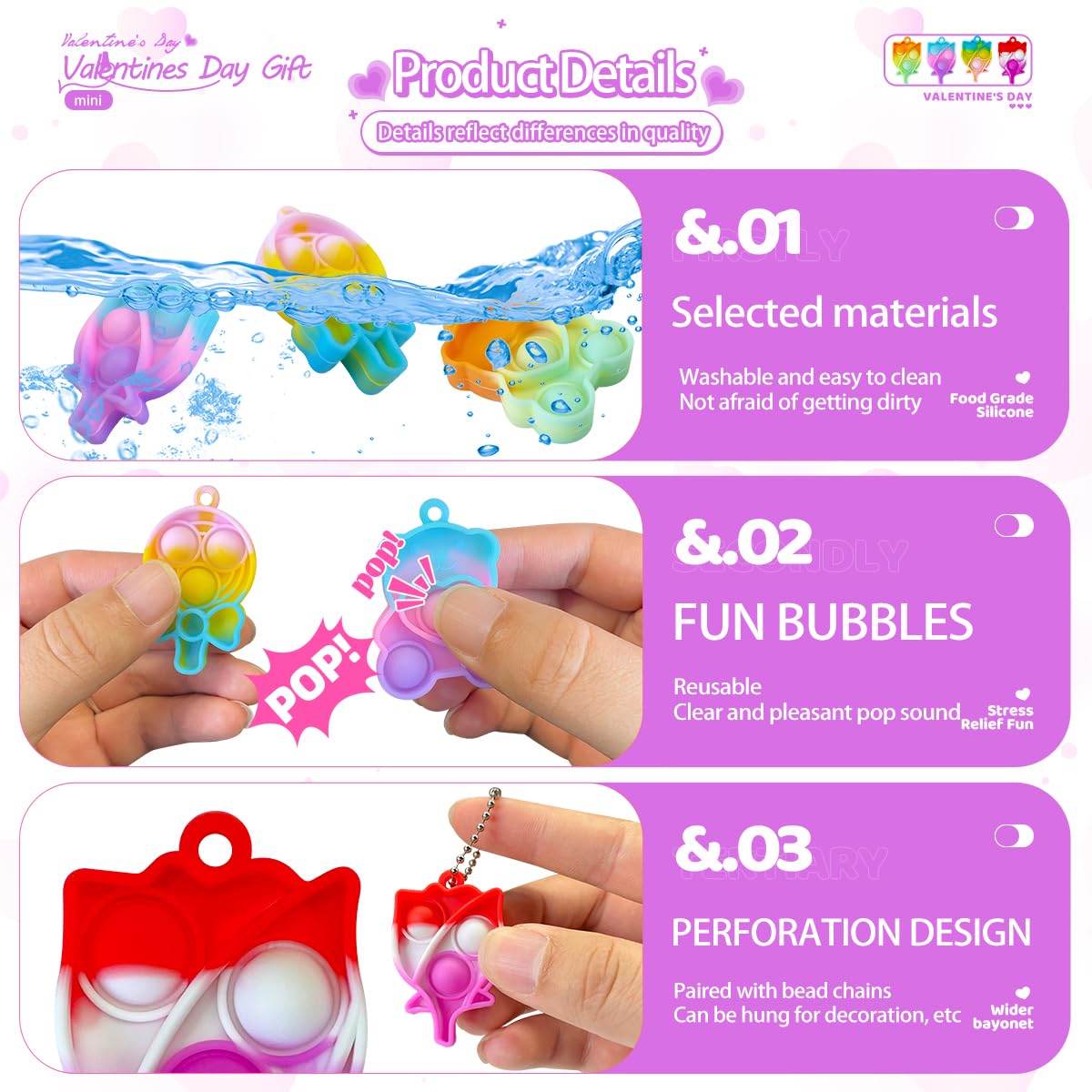 Onkull 24 Packs Valentines Day 6-Design Gift Pop Bubble Keychains, Mini Colored Pop, Multi-Shape Stress Relief Fidget Toys For K