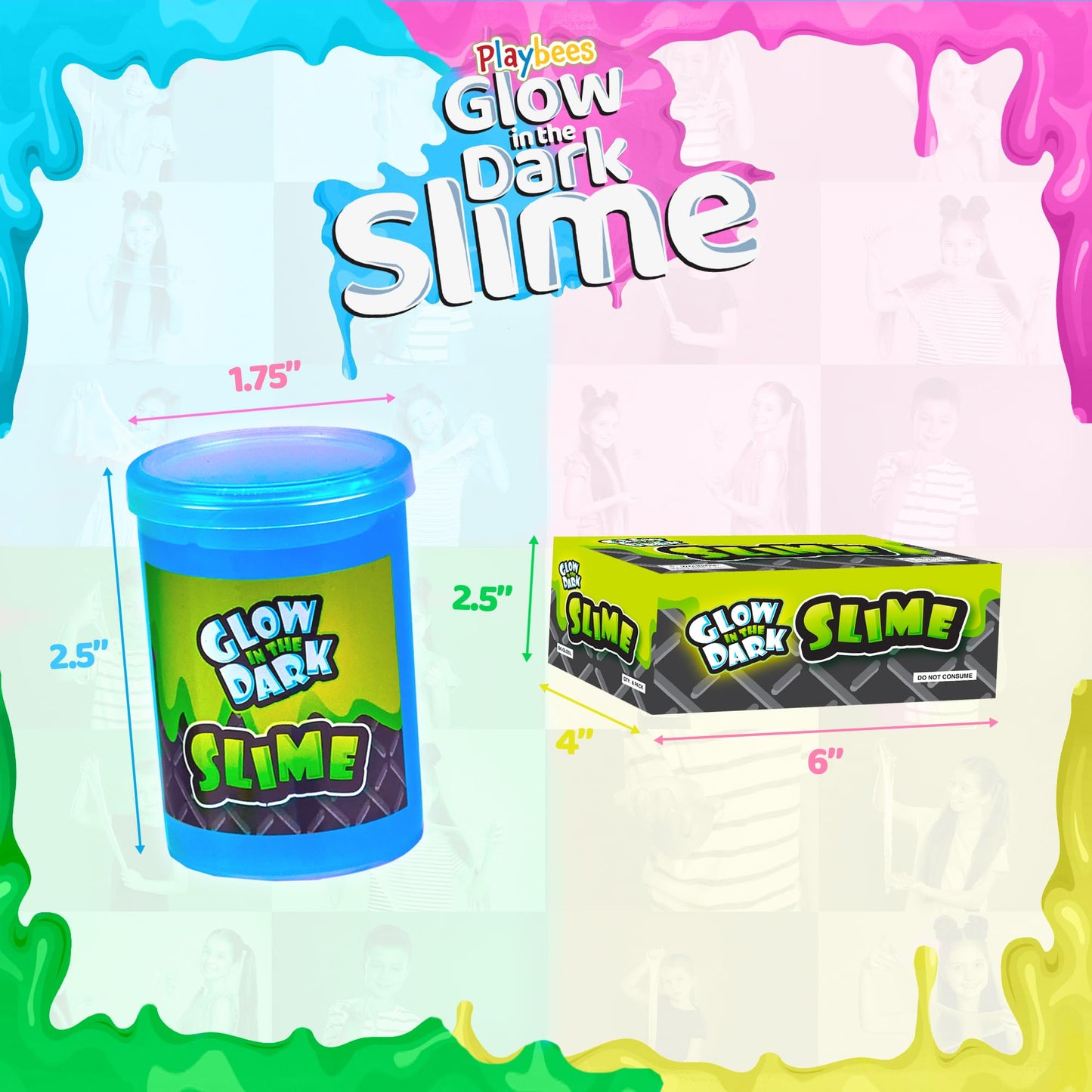Playbees Glow In The Dark Slime - 24 Pack - Neon Blue, Green, Pink, Yellow Colors - Glowing Slime Kit For Kids - Party Favors, G