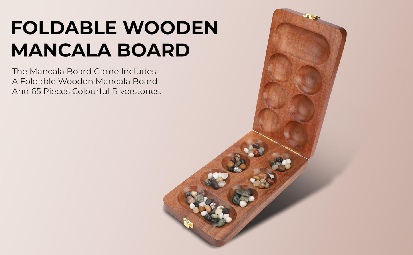 Ajuny Wooden Mancala Board Game Set - Classic Board Games, Portable Folding Travel Mancala Board With Marbles (72+8 Stones), Ide