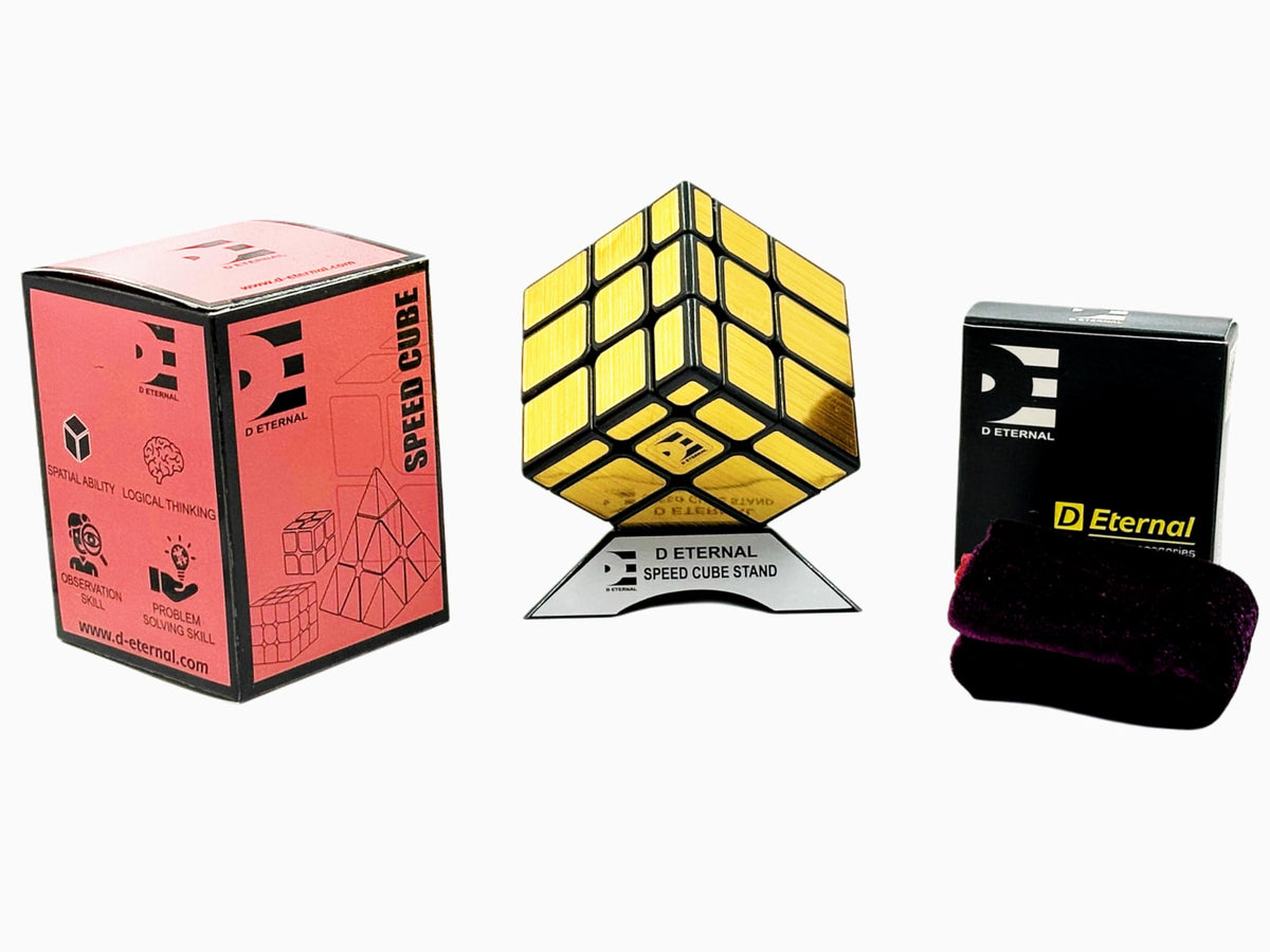 D Eternal Gold Mirror Cube 3x3 High Speed Magic Puzzle Cube 3 by 3 Magic Puzzle Cube (Gold Mirror with Cube Stand & Bag)