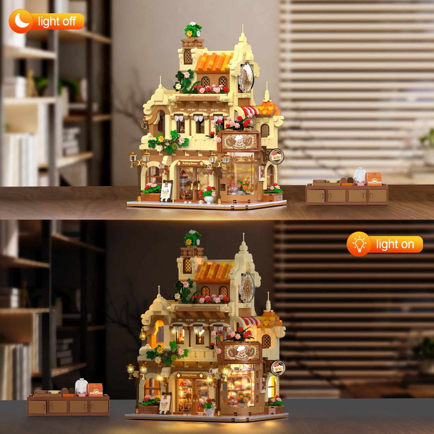 Insoon City Bakery Cafe House Building Set With Light, 1289 Pcs Baking Shop Building Block Toy With Coffee Cake Bread Bakery Roo