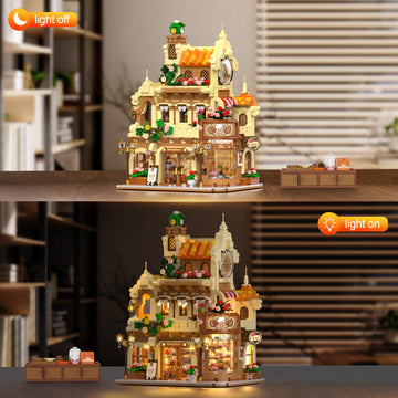 Insoon City Bakery Cafe House Building Set With Light, 1289 Pcs Baking Shop Building Block Toy With Coffee Cake Bread Bakery Roo