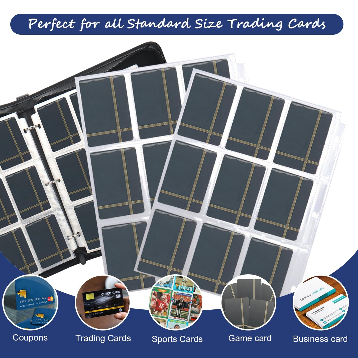 9 Pockets Trading Card Binder  900 Pockets Card Binder with Sleeves Card Organizer  Card Collection Binder with Zipper Baseball Card Binder for Sports Card and Kids Organized (Black)