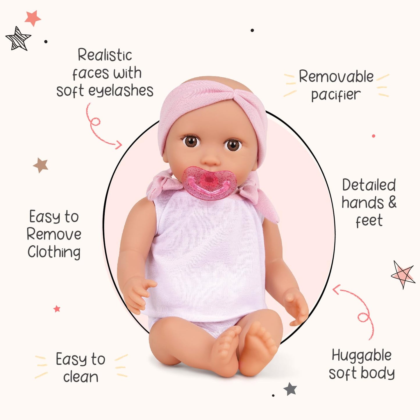 Lullababy - Doll & Twin Stroller Accessories Set - Foldable Canopy & Storage Basket - Pink & Golden Stars Design - Pretend Play