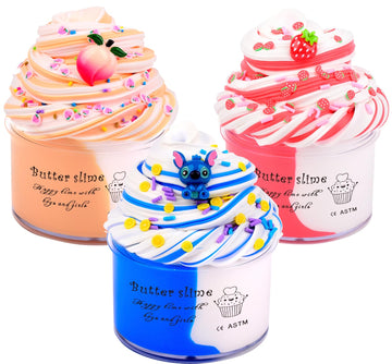 Keemanman Butter Slime Kit, 3 Pack With Blue, Strawberry And Peach Charms, Cute Preppy And Aesthetic Stuff, Stress Toys And Cool Birthday Gifts Ideas For Girls And Boys, Party Favors For Kids