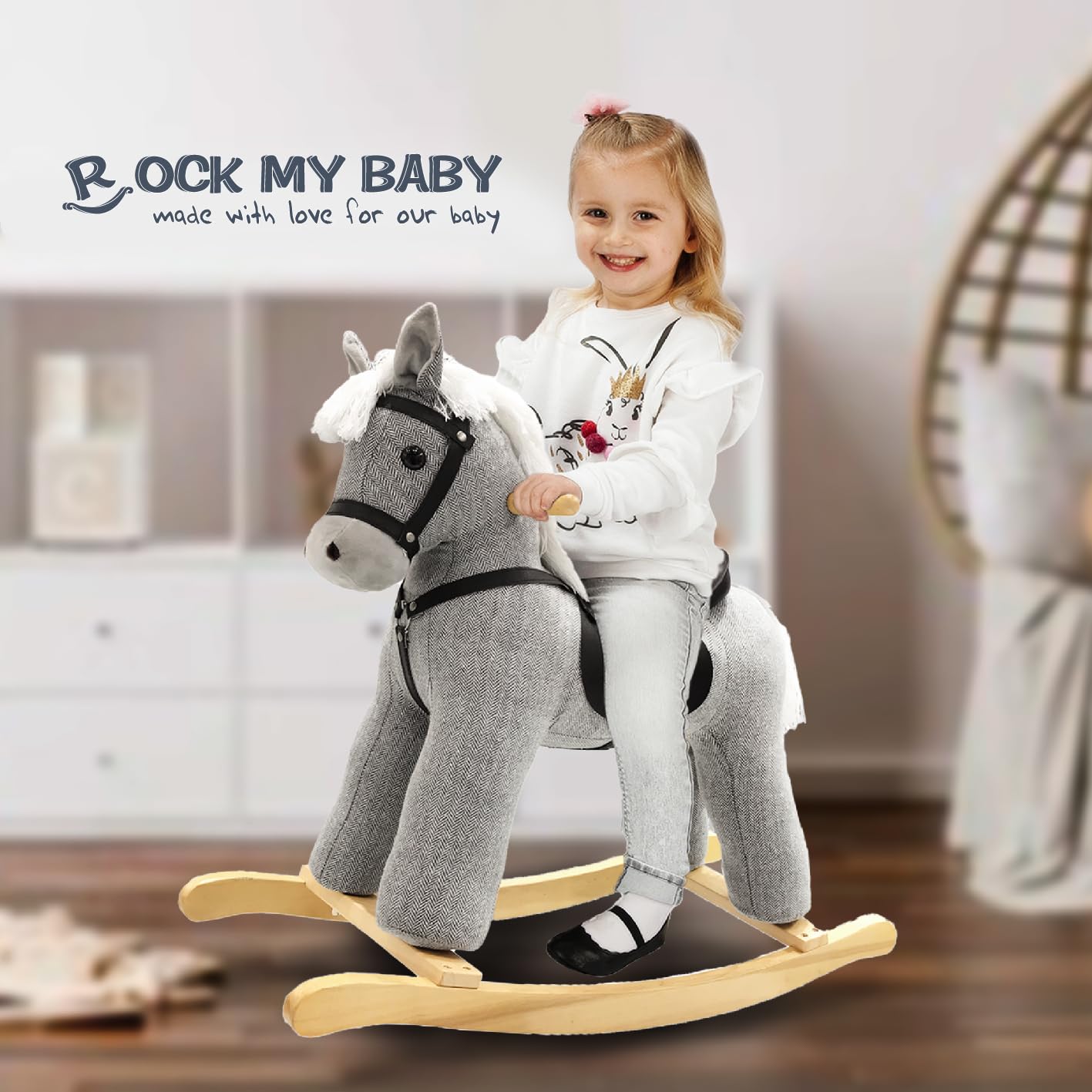 Rock My Baby Rocking Horse Gray, Ride On Pony With Realistic Sound, Wooden Rocking Toy, Rocking Animals, For Boy And Girl Age 2
