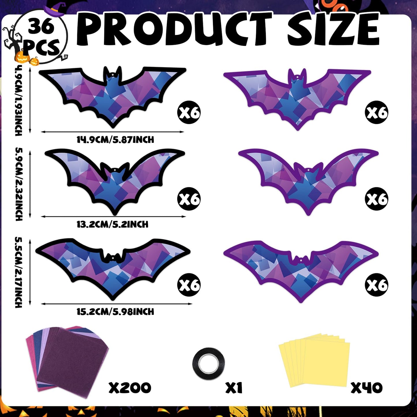 Qyeahkj 36 Set Halloween Bat Suncatchers Crafts for Kids DIY Hanging Bat Window Tissue Paper Crafts Kit Bat Hanging Decor for Ha