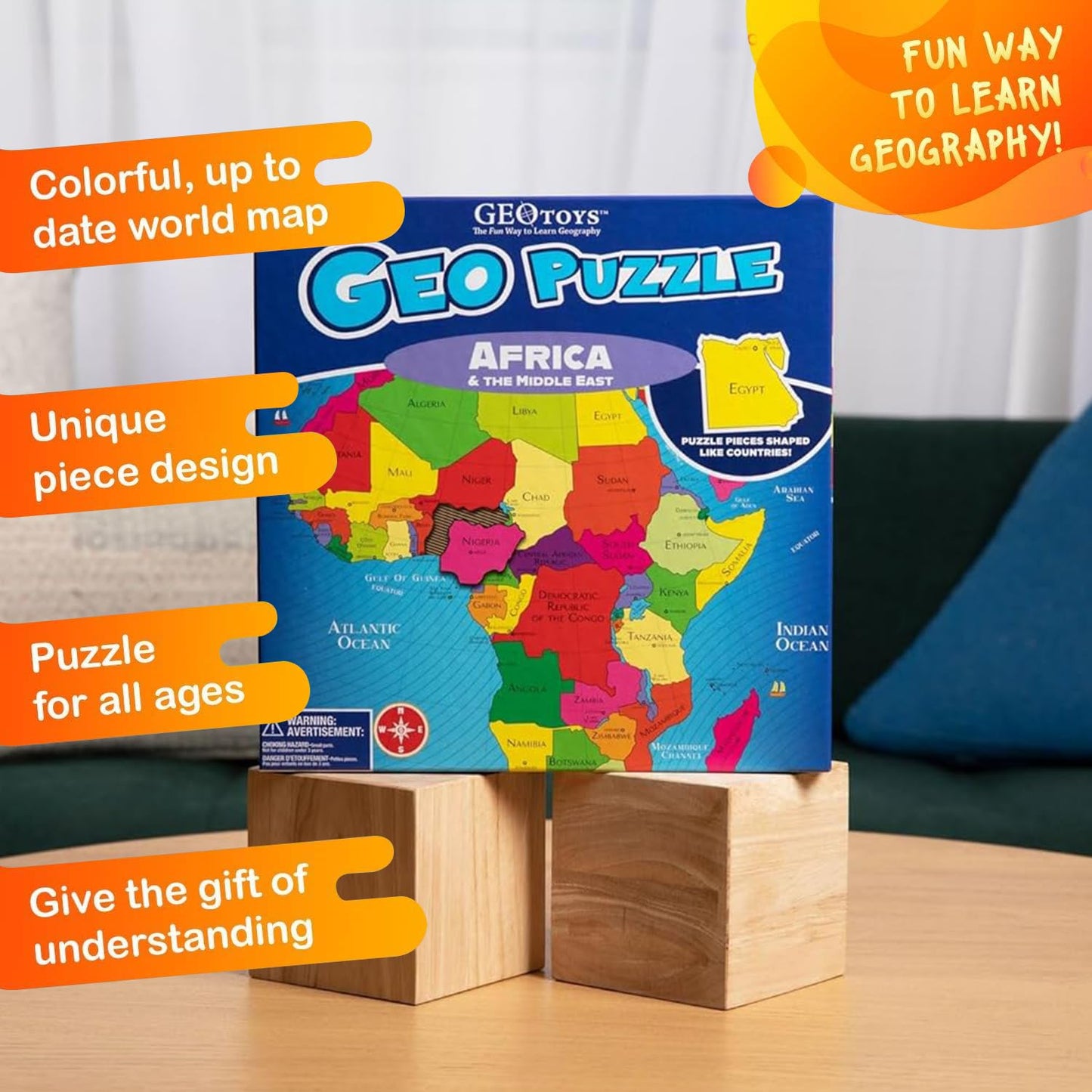 Geotoys GeoPuzzle Africa Jigsaw Puzzle, 65 Pc, Cardboard, Multi, Ages 6-9, Model GEO103