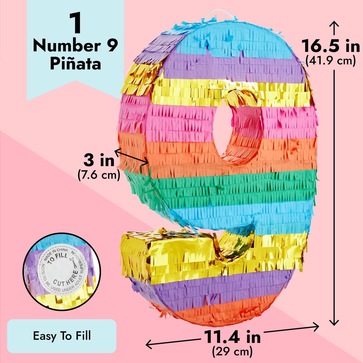 Blue Panda Rainbow Number 9 Pinata For 9Th Birthday Party Supplies, Fiesta, Anniversary Celebration (Small, 16.5 X 11 X 3 Inches)