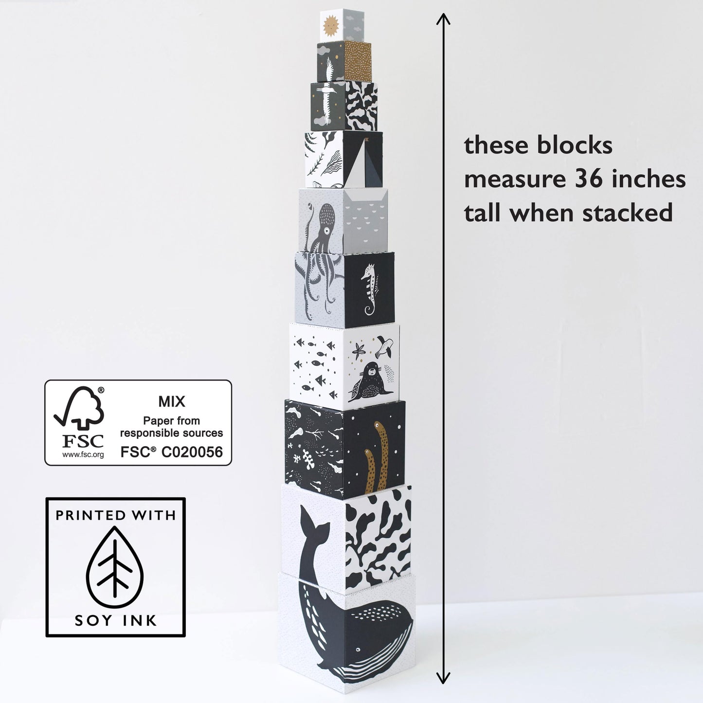 Wee Gallery Nesting Blocks - Ocean Animals And Numbers - Black And White Stacking And Building Toy For Toddlers And Kids - Motor