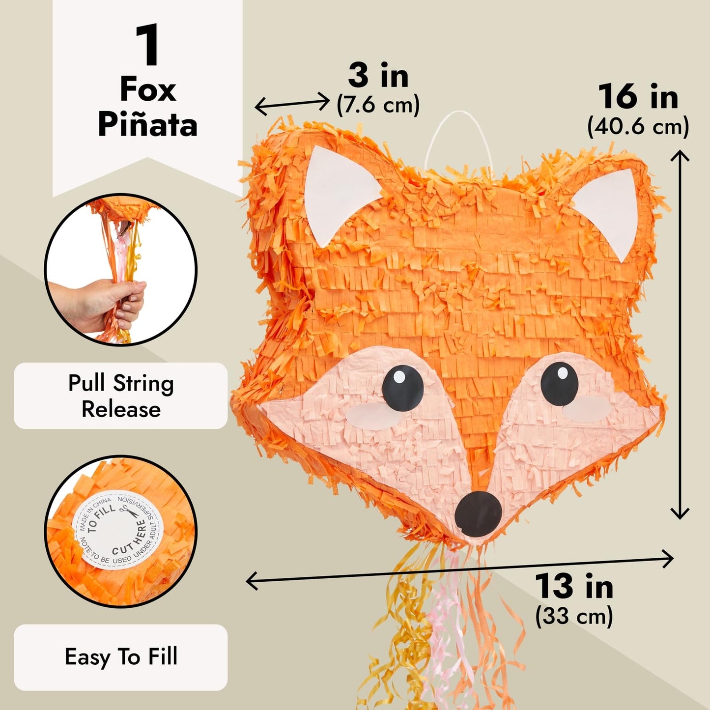BLUE PANDA Pull String Fox Pinata - 16x13x3 In, Orange Paper, Ideal for Woodland Baby Shower & Birthday Party Decorations