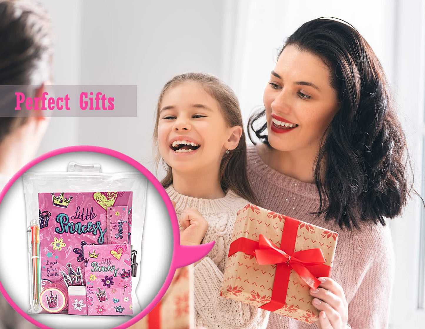 Girls Diary With Lock, Kids Journal Stationary Set For Pre School Teen Learning Writing Drawing Age 6,8,10,12 Years Princess Gift With Notebook Memo Notepad 6 Multicolored Pen Ruler Sharpener Eraser