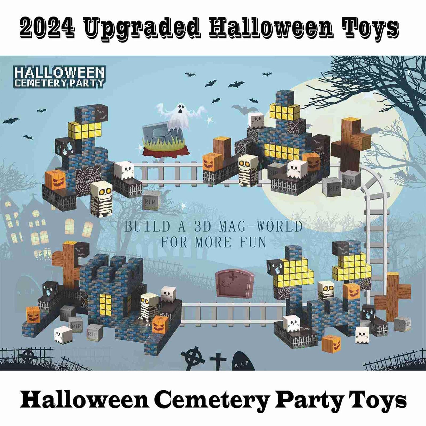 amdohai Magnetic Blocks Halloween Toys for Kids Spooky Town Building Set Halloween Cemetery Party Gift Boys 3+