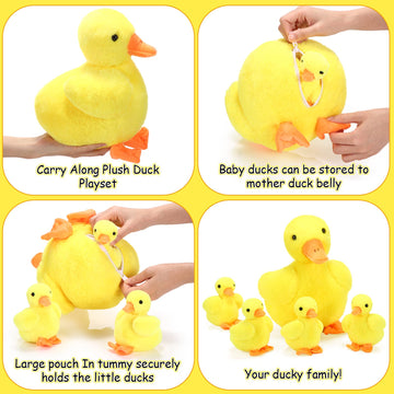 Zomiboo 5 Pieces Duck Stuffed Animals Includes Big Stuff Mommy Duck With 4 Little Baby Duck Plush Toys Soft Duck Family Plush Set With Zipper Pouch For Toddlers Boys Girls (Yellow Duck)