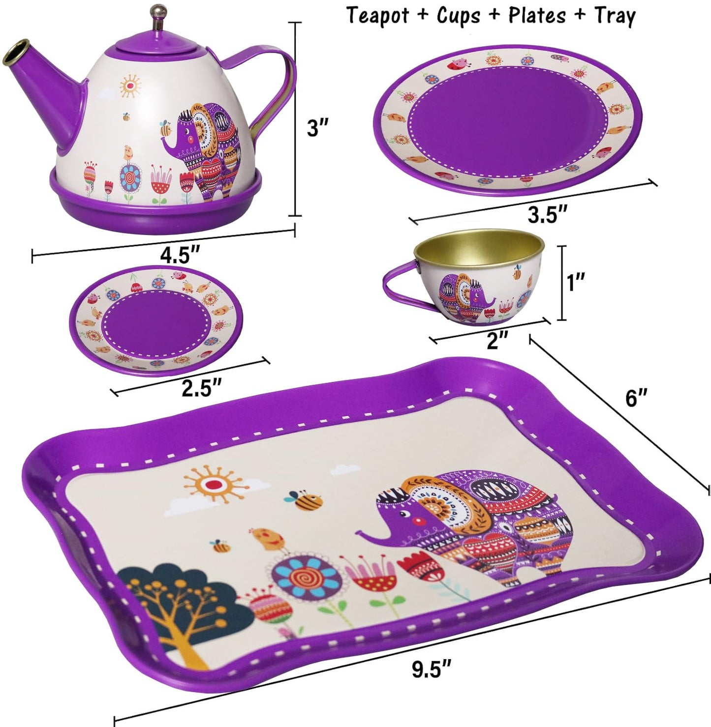 Kiddie Play Tea Set For Little Girls, Pretend Play Tea Party Set, Elephant Design Kids Tin Tea Set With Carrying Case (15 Pcs)