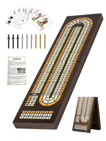 Wodgod Cribbage Board Game Set,With 9 Metal Pegs,2 Decks Of Playing Cards,Built-In Magnetic Storage,Instruction Included, Foldab
