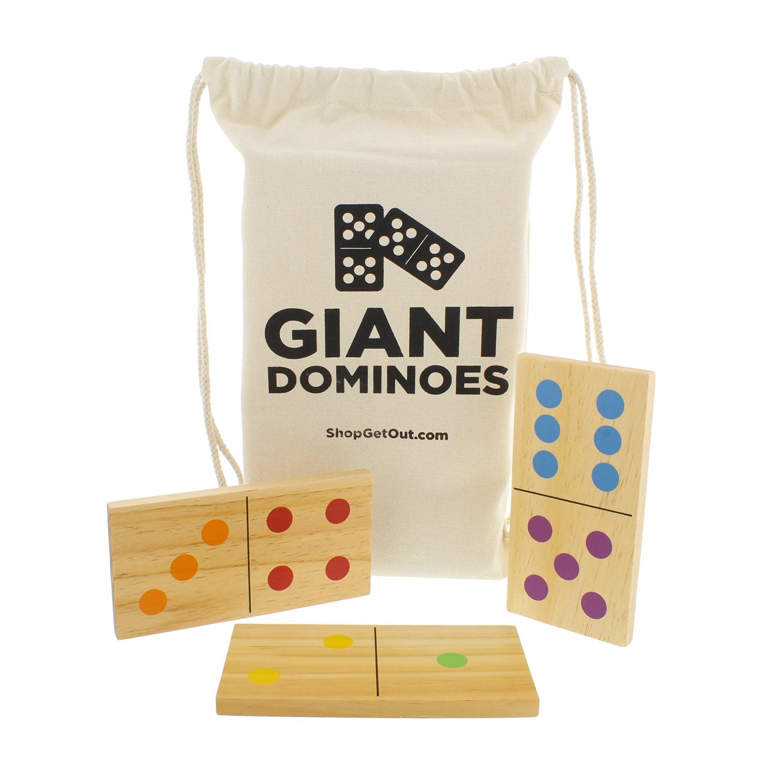 Get Out! Giant Wooden Dominoes 28Piece Set with Bag  Jumbo Natural Wood & Black Numbers  Kids Adults Outdoor Games