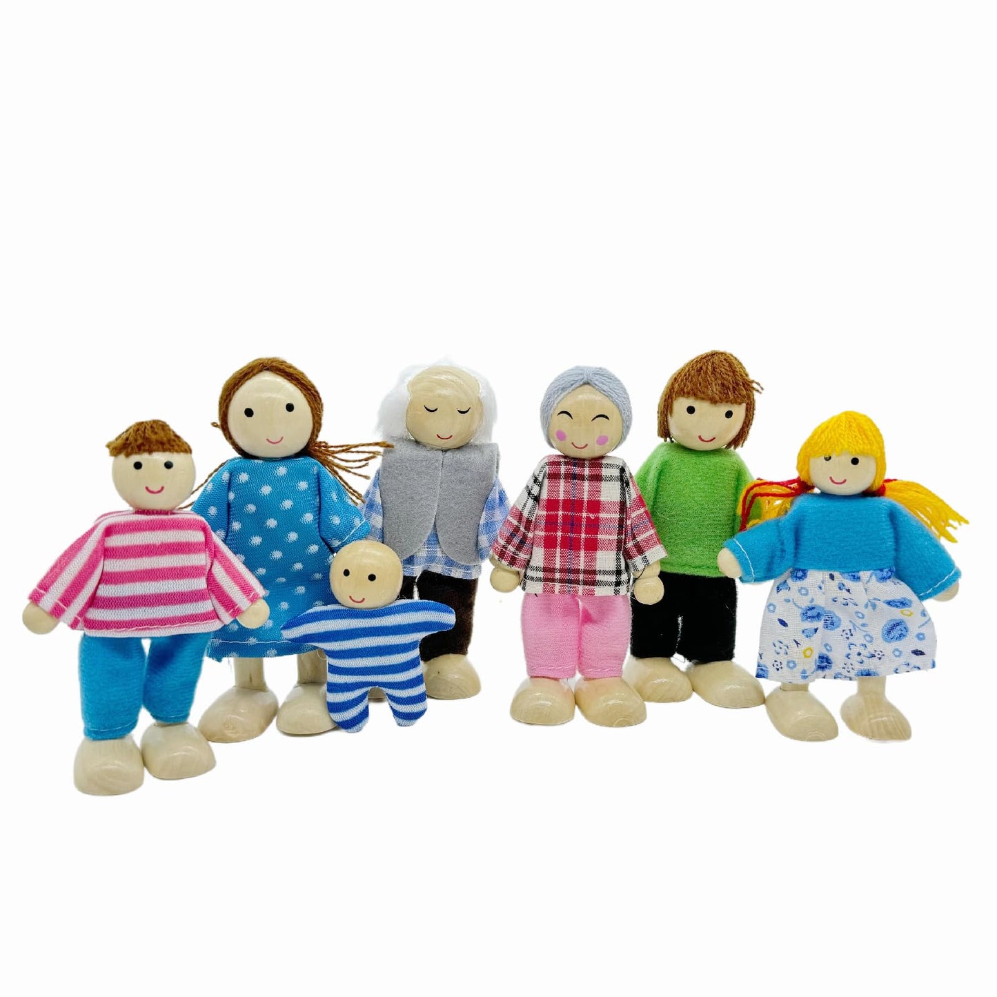 Wooden Dollhouse Family Set Dollhouse Dolls Wooden Doll Family Pretend Play Figures, 7 Piece Miniature Doll House Doll Figures, 
