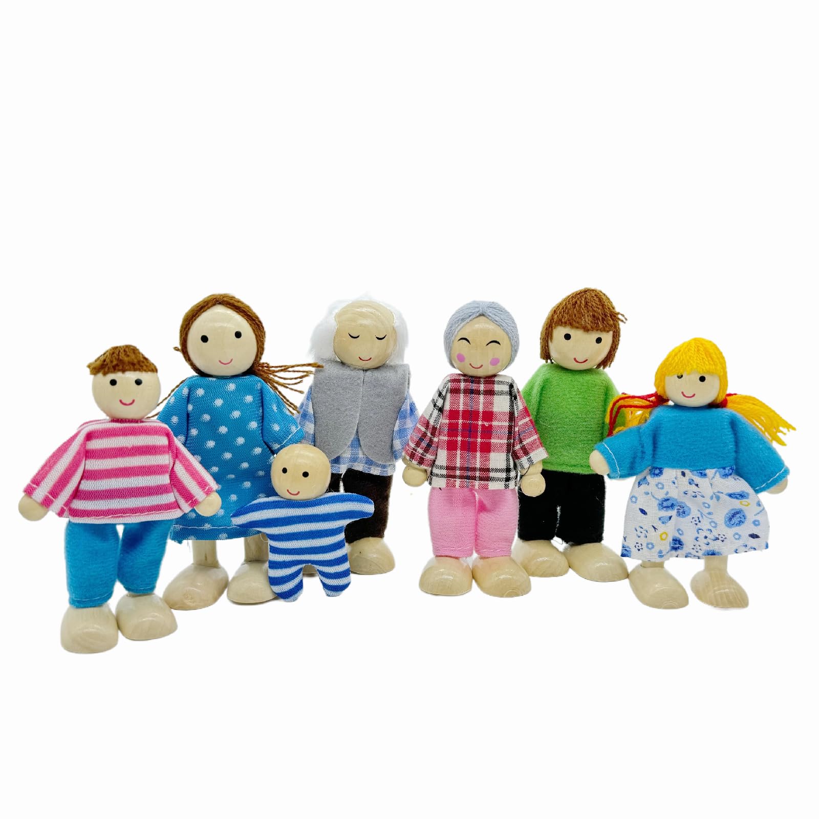 Wooden Dollhouse Family Set Dollhouse Dolls Wooden Doll Family Pretend Play Figures, 7 Piece Miniature Doll House Doll Figures, 
