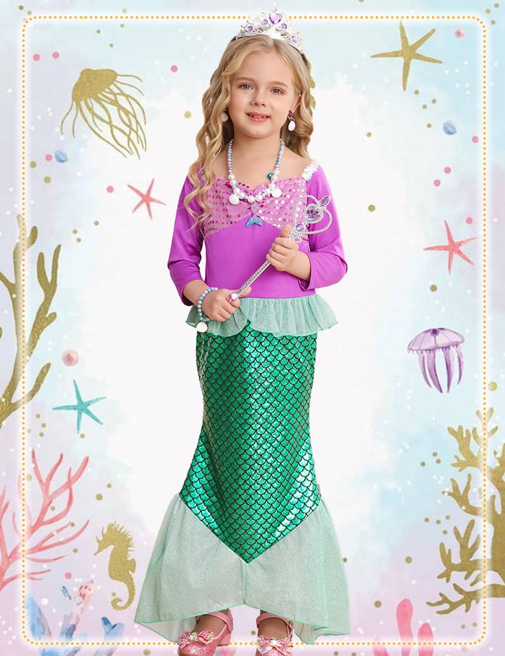 Zaisuifun Princess Dress Up Mermaid Costume Little Girls Mermaid Dress Halloween Cosplay Costumes, Purple, 2-3 Years(Tag 100)