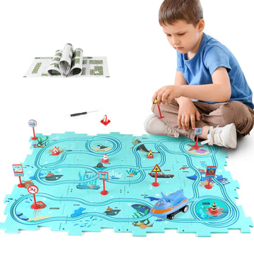 Xazastov Puzzle Track Car Play Set, Plastic Puzzles For Kids Ages 3-5 With Vehicles, Electric Trolley Puzzle, Car Tracks For Tod