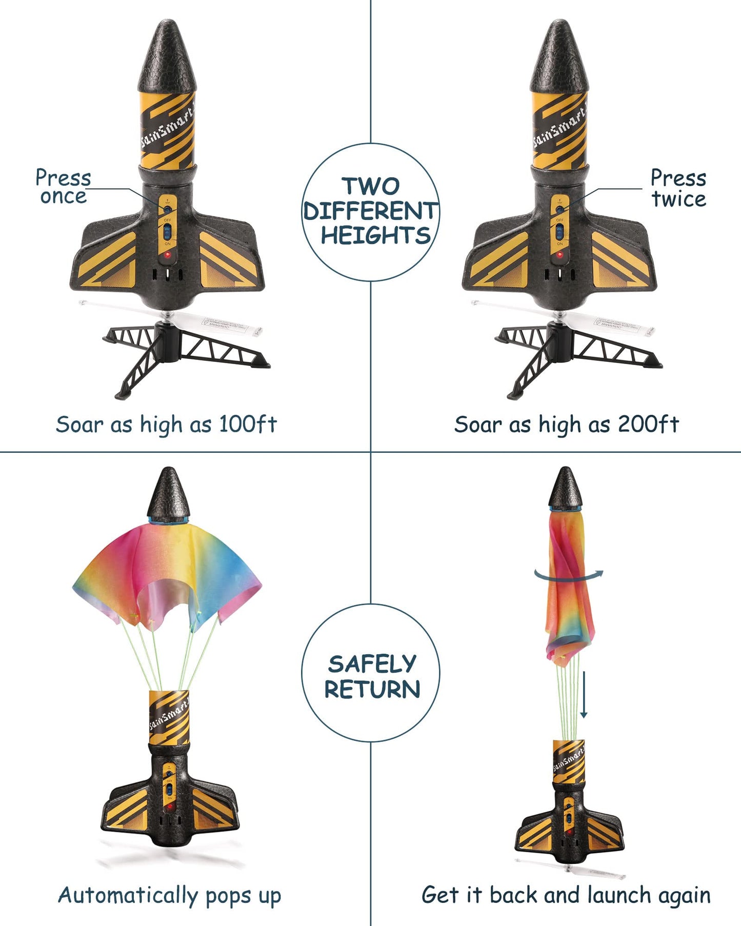 SainSmart Jr. Rocket Launcher for Kids, Motorized Air Rocket, 200ft Altitude, Black, 5"L x 10"H, Plastic, Model: Rakete Spielzeug