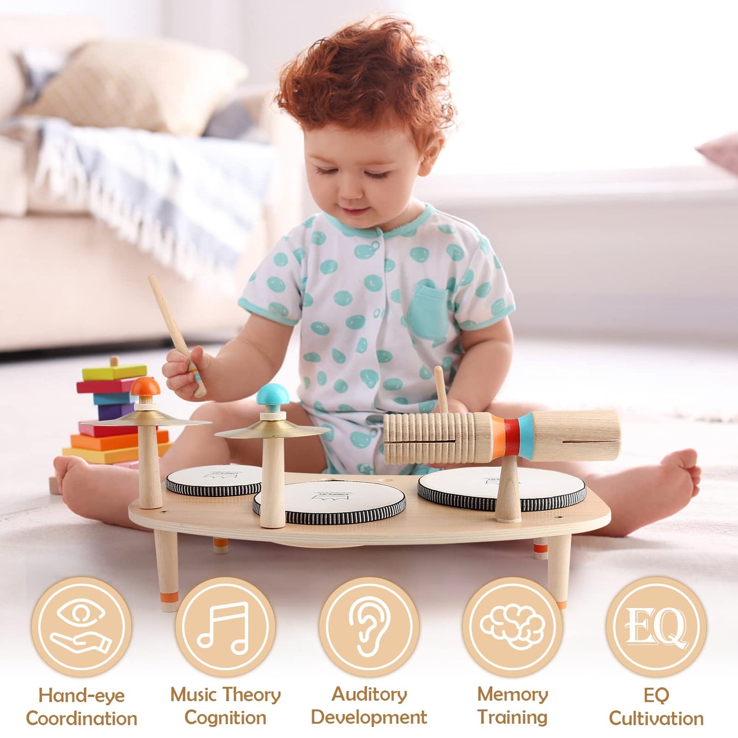 Vanplay Kids Drum Set - Wooden Montessori Musical Toy for Toddlers 1-3, Multi-colored, Perfect Gift for 1-2 Year Olds