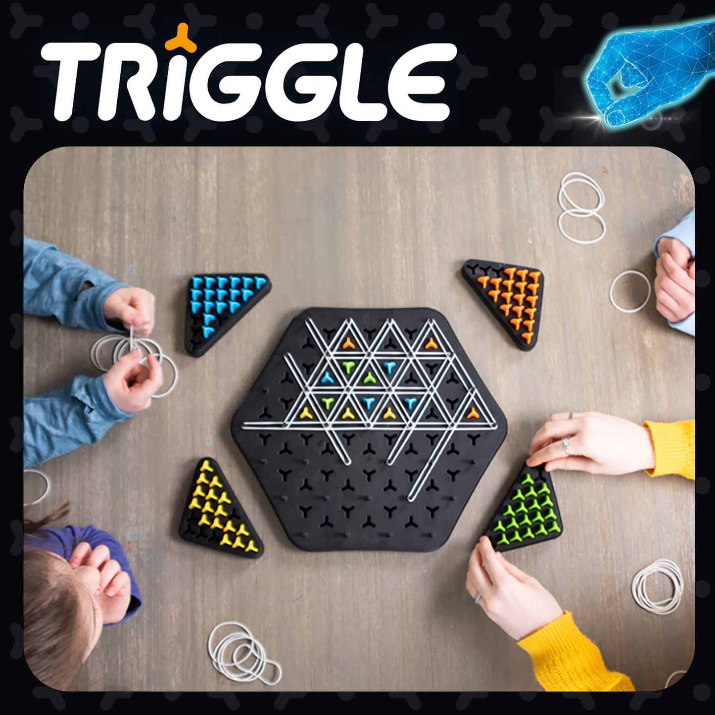 Fat Brain Toys Triggle - Stretch Four To Score [Fun Family Brainteaser Strategy Game For Kids, Teens, & Adults] Rubber Band Tria