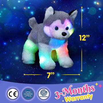 Bstaofy 12’’ Light Up Husky Puppy Stuffed Animal Realistic Led Dog Soft Plush Toy With Night Lights Glow In The Dark Birthday For Toddler Kids