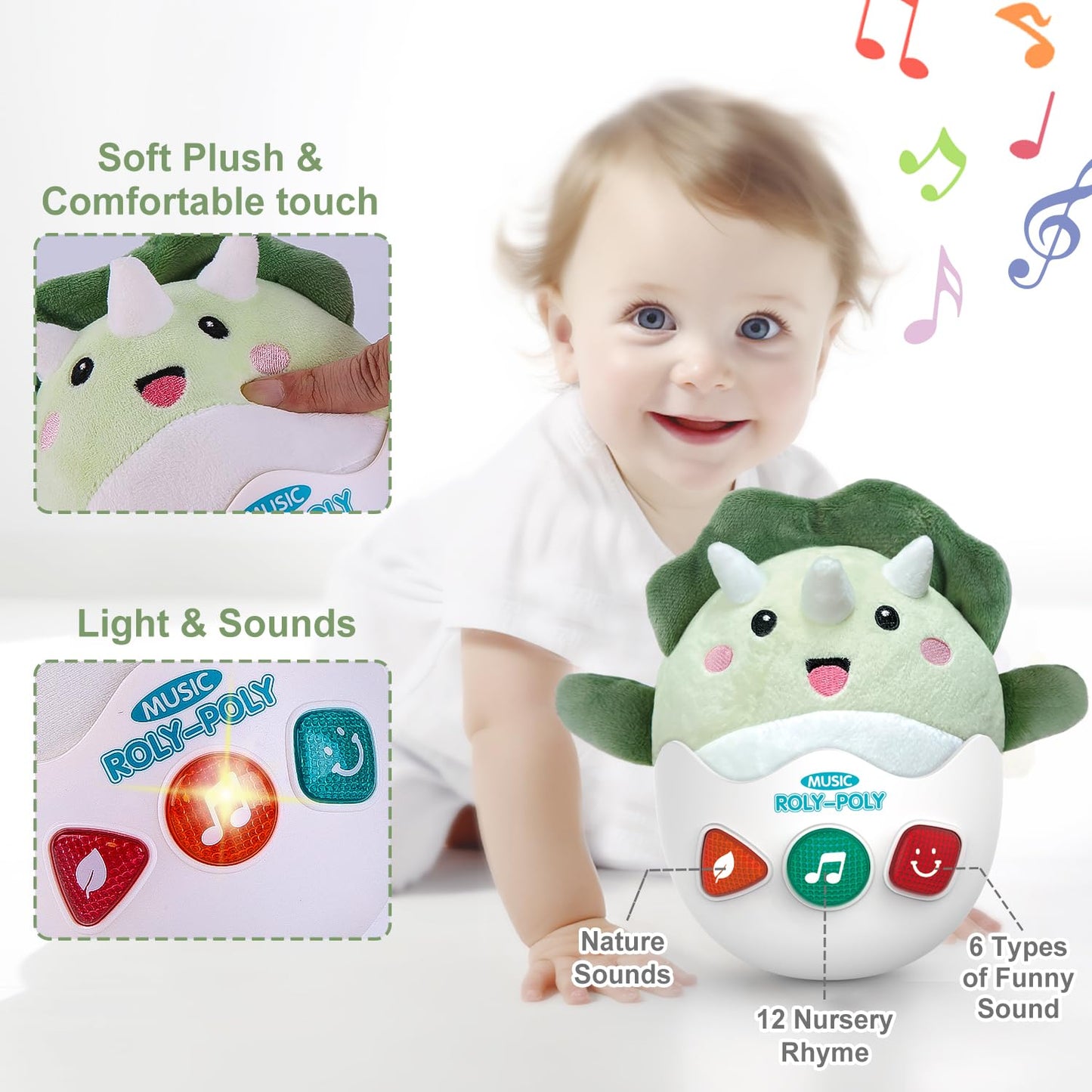 Wowohage Baby Dinosaur Toys 0-3-6-12 Months, Musical Infant Toys With Light & Sounds, Soft Plush Stuffed Animal, Newborn Boys Gi