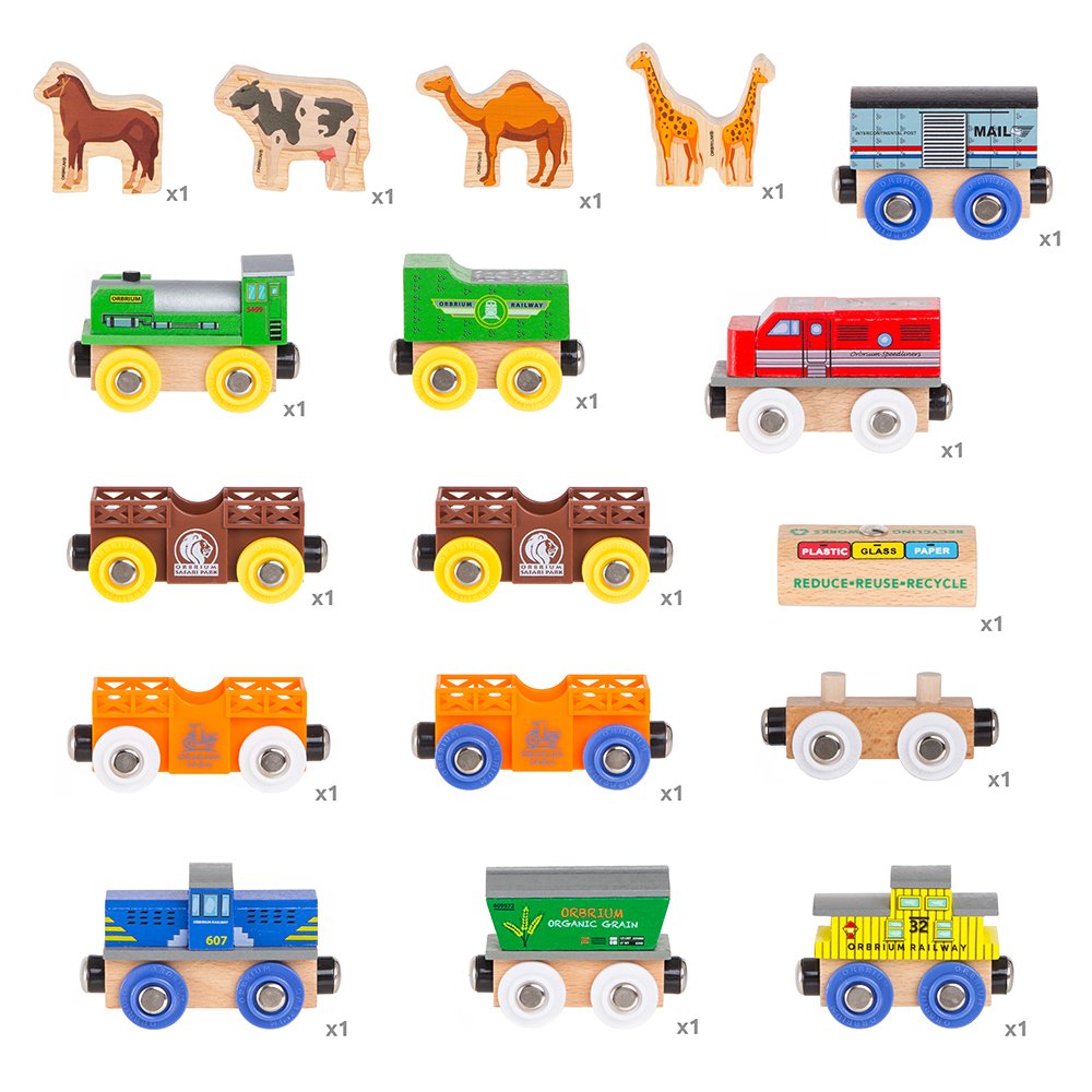 Orbrium Wooden Train Cars & Engines Collection - 18 Pcs Multicolor Safari Zoo Set, Compatible with Thomas & Brio, Model ORB-TS-A203
