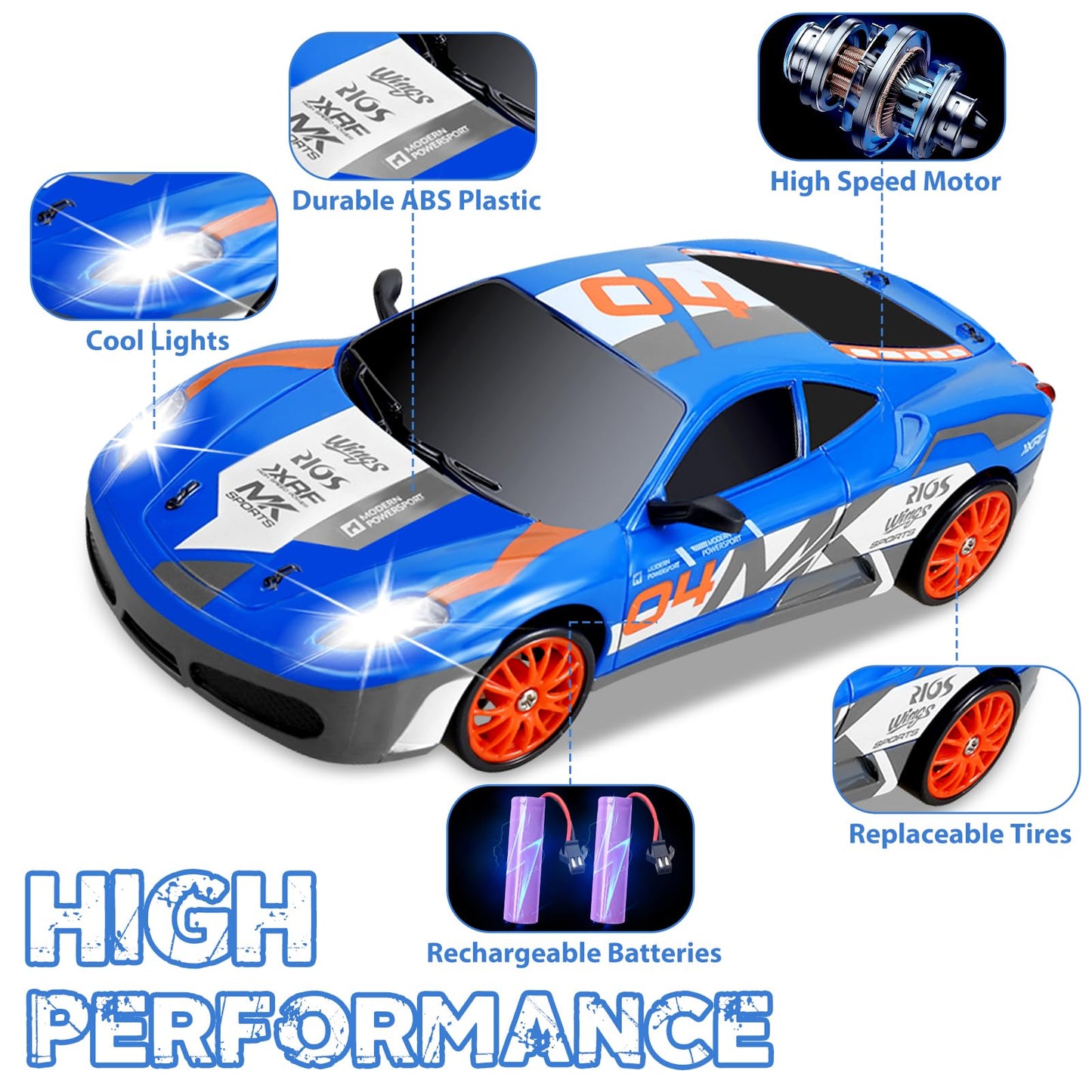 YUAN PLAN Remote Control Car RC Drift Car 2.4GHz 1:24 Scale 4WD 15KM/H High Speed, Rechargeable High Speed RC Cars with Cool Lig