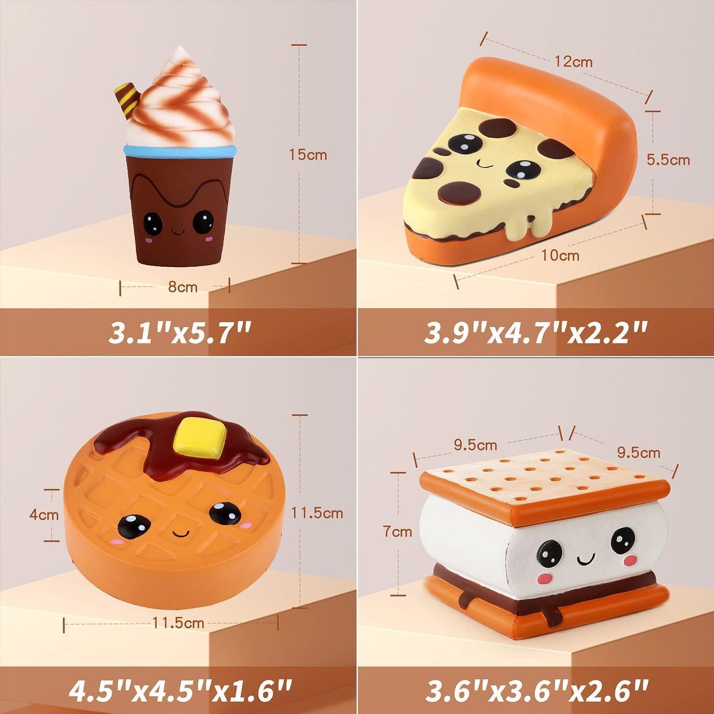 Anboor 4 Pcs Squishies Smore Waffle Cake Pizza Coffee Cup Kawaii Scented Soft Slow Rising Squeeze Stress Relief Kids Toy
