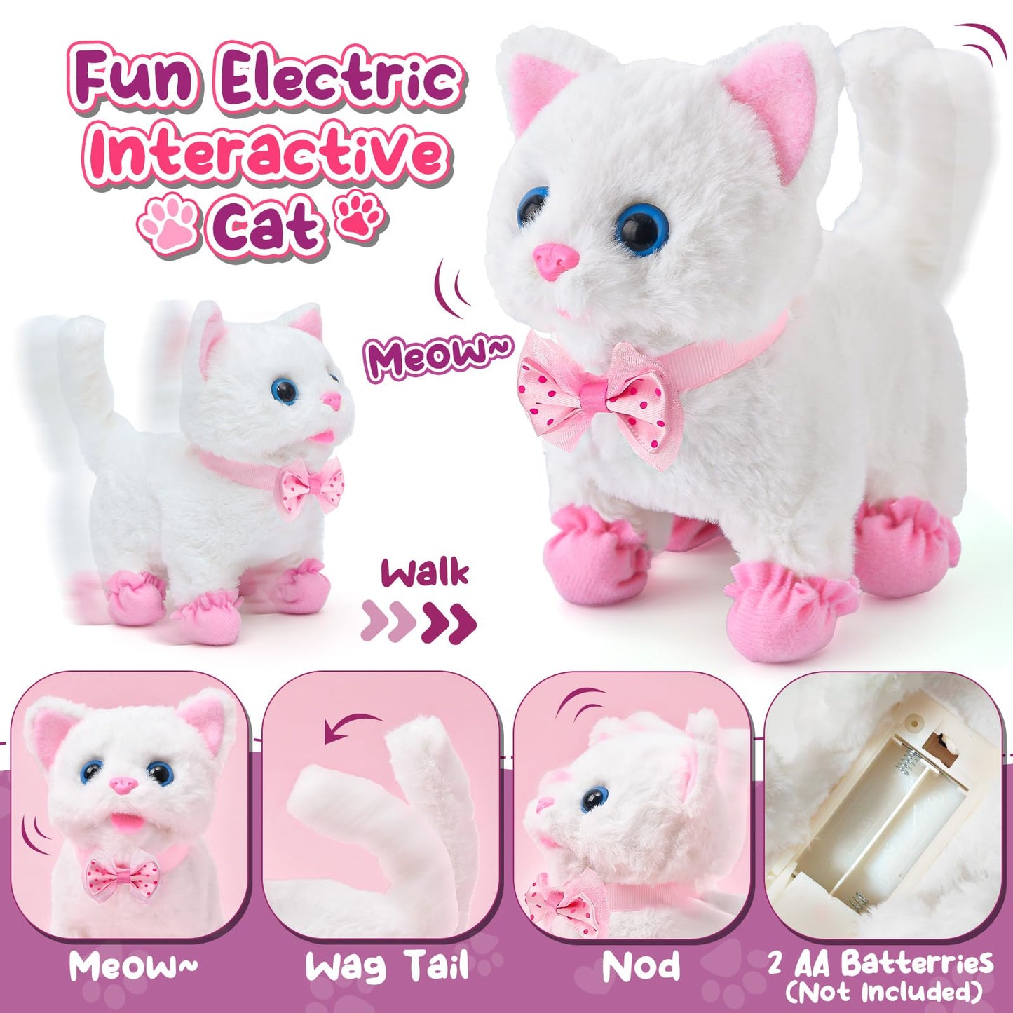 Golray Cat Toys For Kids Girls Gift, Electronic Interactive Plush Toy Cat Can Walk And Meow - 16 Pcs Carrier & Pet Groom Feed Care Pretend Play Set, Birthday Gift For Toddler Little Girl 3 4 5 6 7 8 9