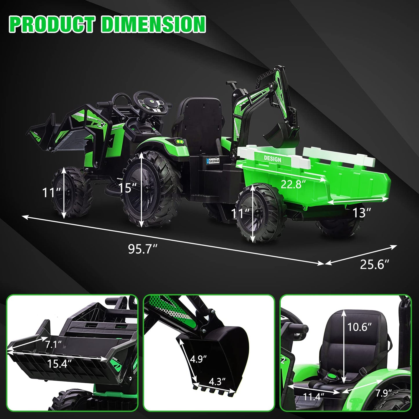 24V 3 in 1 Kids Ride on Tractor, Excavator & Bulldozer, Electric Vehicle w/Trailer, Digger, Shovel Bucket, Remote Control, EVA T