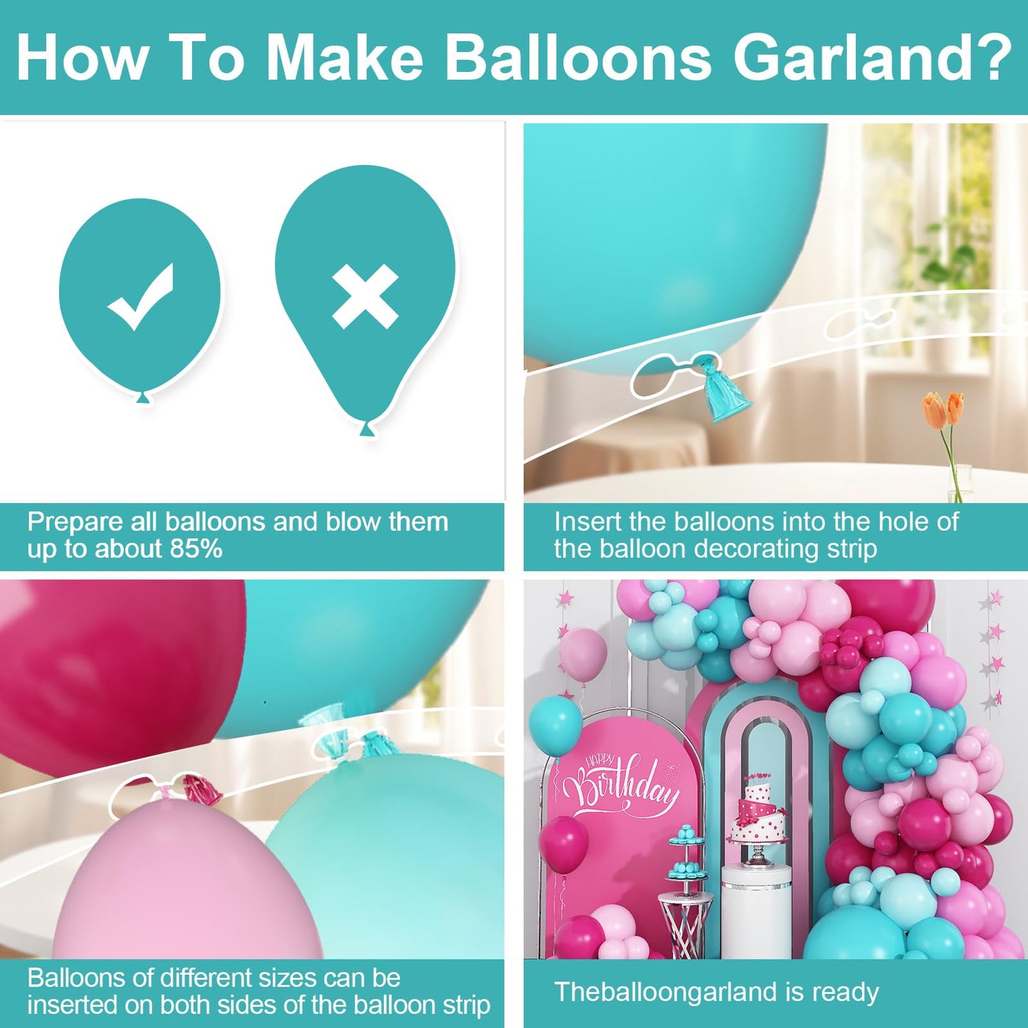 Hot Pink And Teal Blue Balloon Arch Garland Kit, Rose Red Teal Blue Pastel Pink Turquoise Latex Balloon For Birthday Baby Shower