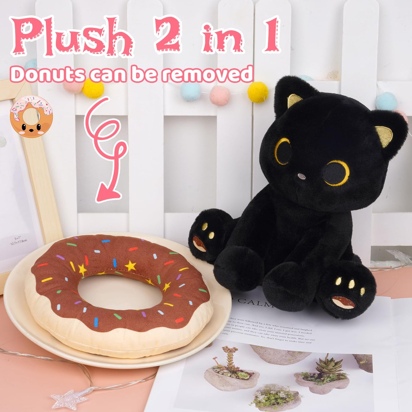 Hagusahuo Black Cat Plush Toy, 8" Cute Stuffed Animal, Polyester, Chocolate Black, Kawaii Gift for Kids & Adults