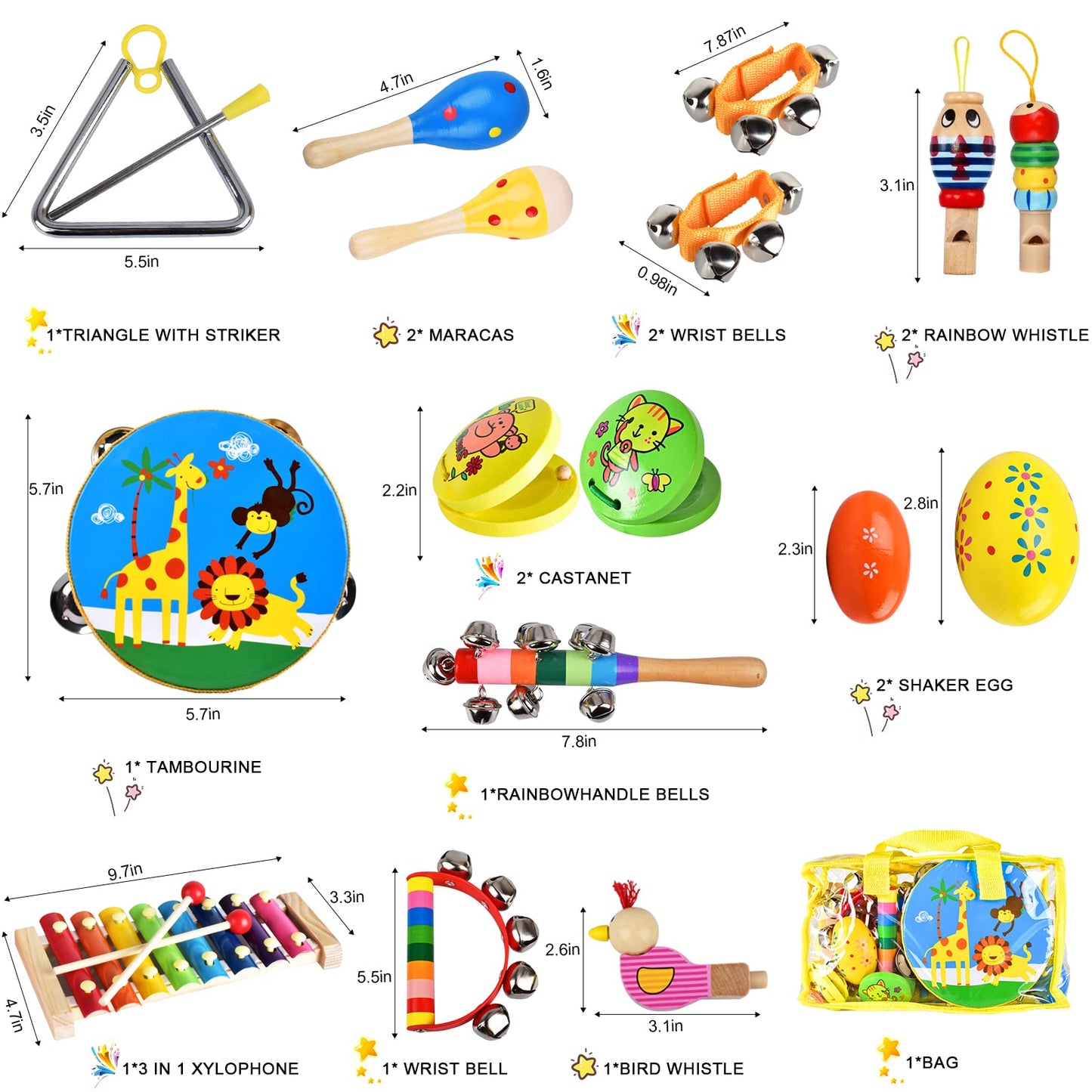 Inlaier Kids Musical Instruments Set, 20 Pcs Wooden Shakers Percussion Instruments Tambourine Xylophone Toys, Child Early Learning Musical Toys For Boys And Girls Gifts Present With Carrying Bag