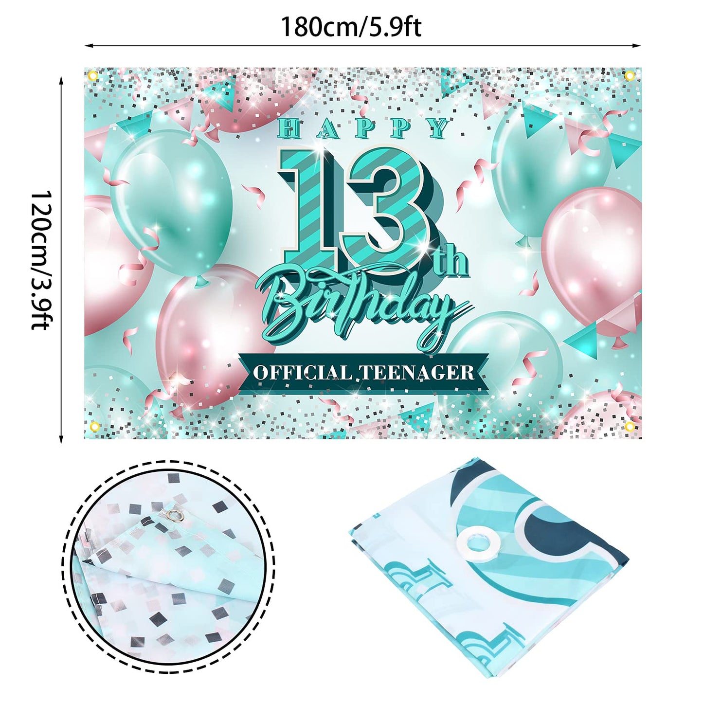 Happy 13Th Birthday Banner Backdrop Official Teenager 13 Years Old Pink And Teal Background Bday Decorations For Girls Photography Party Supplies Glitter