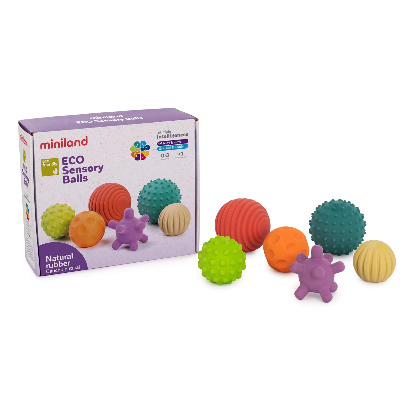 Miniland 6 Sensory Balls, Babies Birth To Toddlers Age 4, Natural Rubber Latex, Soft Teething Toys, Easy Grip Play, Textured, Co