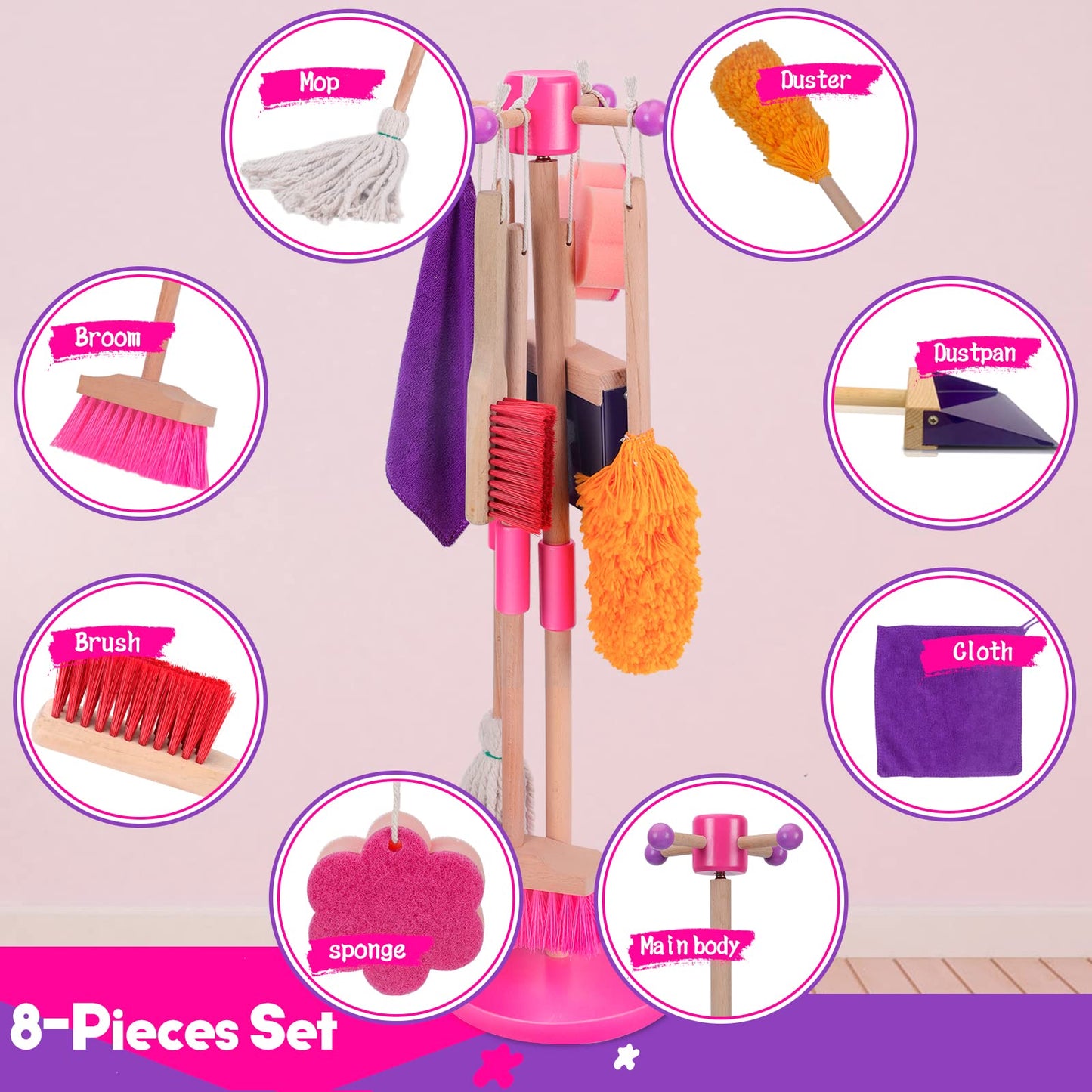 Mastertop Kids Cleaning Set 8 Piece, Wooden Detachable Cleaning Toys For Toddlers, Broom Dustpan Mop Brush Duster Rag Sponge And