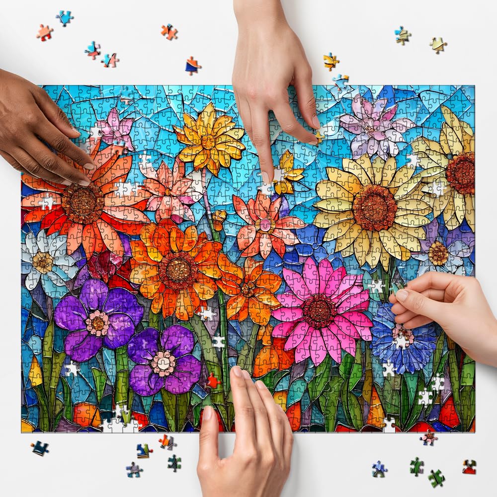 1000 Piece Jigsaw Puzzle for mature-themeds - Stained Glass Mosaic Flowers Art  Colorful Daisy Garden Puzzle  Difficult Challenging Game  enhanced Recycled Gift for Women Men Teens