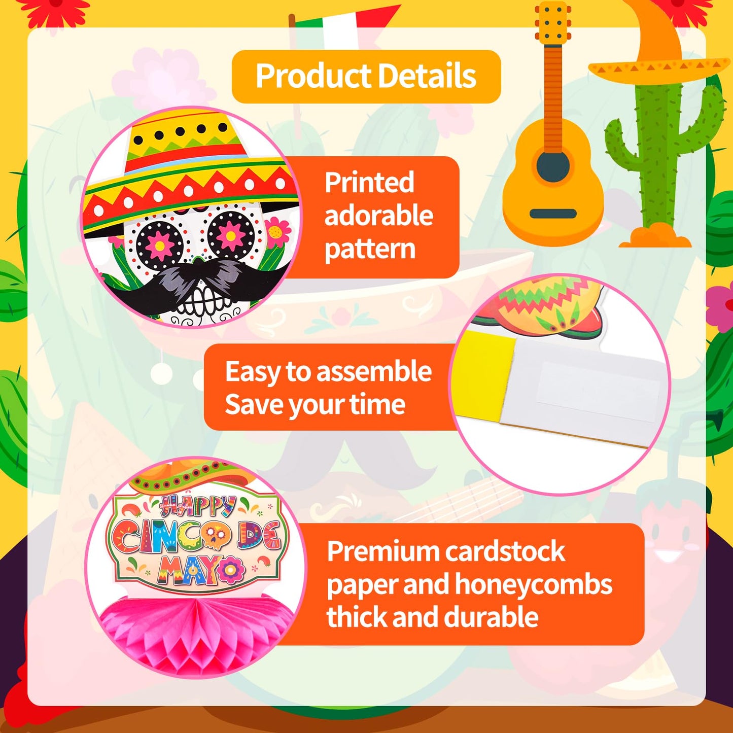 9 Pieces Cinco De Mayo Festival Honeycomb Centerpieces Table Decor, Mexican Fiesta Vibrant Cactus, Piata, Taco And Sombrero Patt