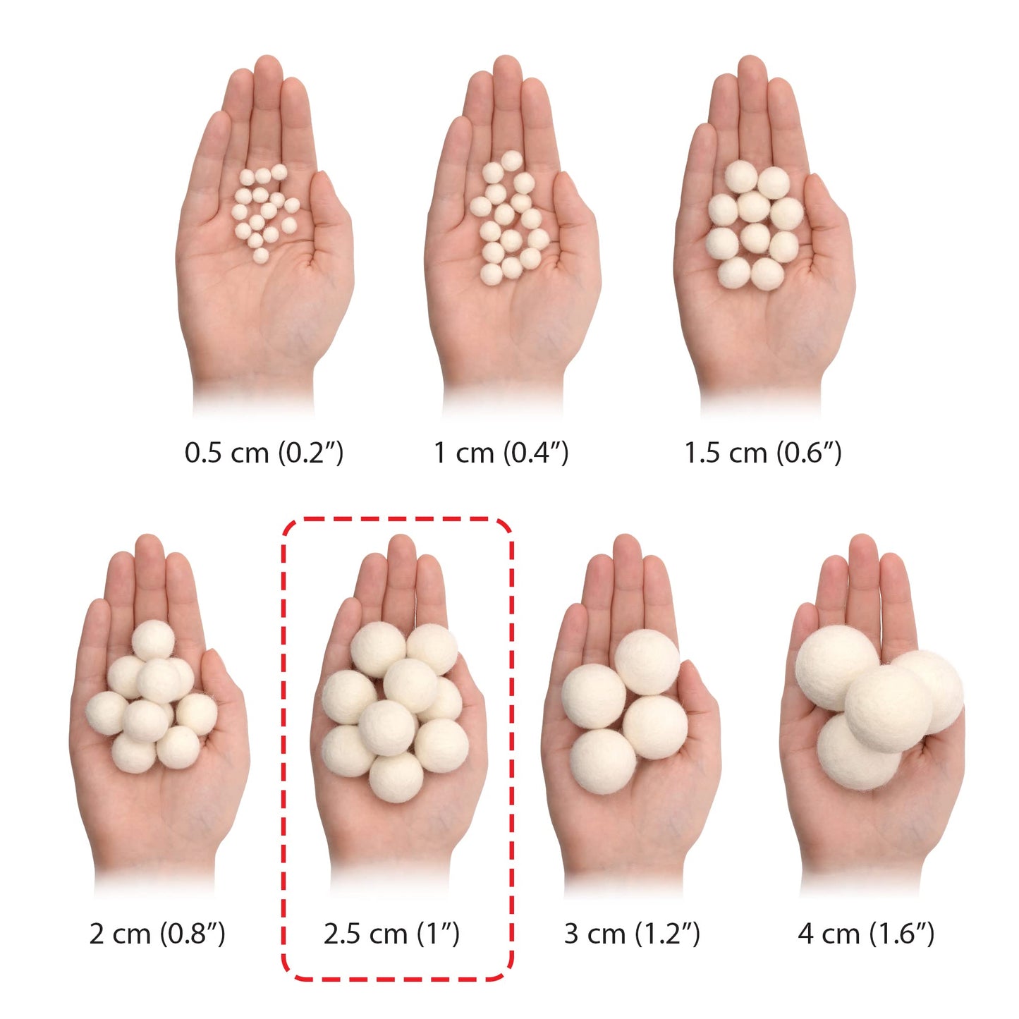 Glaciart One Wool Felt Balls, Felt Ball (60 Pieces) 2.5 Centimeters - 1 Inch, Handmade Felted Pure White Color - Bulk Small Puff