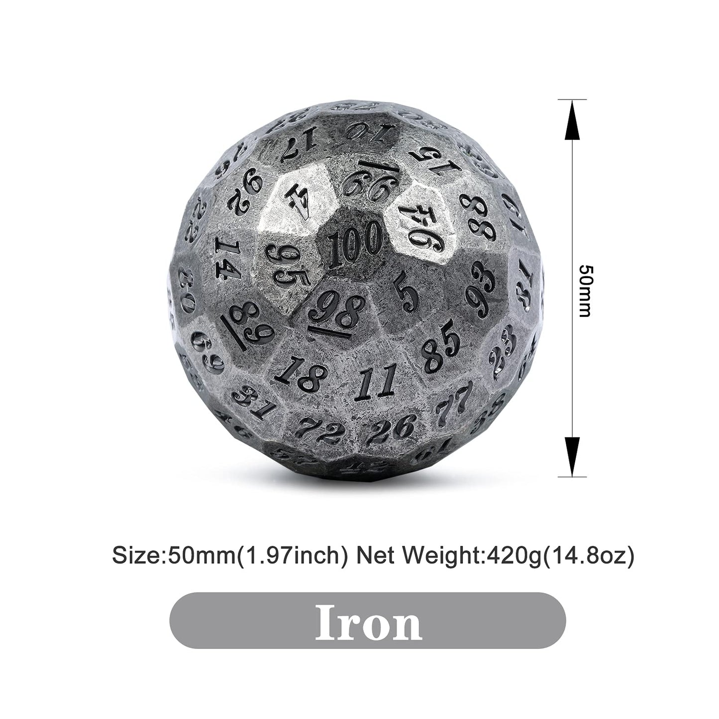 DNDND Iron D100 Metal Dice Set Single 50mm 100 Sided Die with Metal Case and Velvet Pouch for Table Game Dungeons and Dragons (I