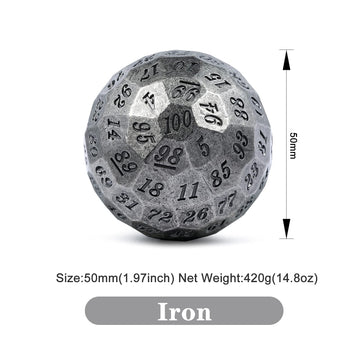 DNDND Iron D100 Metal Dice Set Single 50mm 100 Sided Die with Metal Case and Velvet Pouch for Table Game Dungeons and Dragons (I