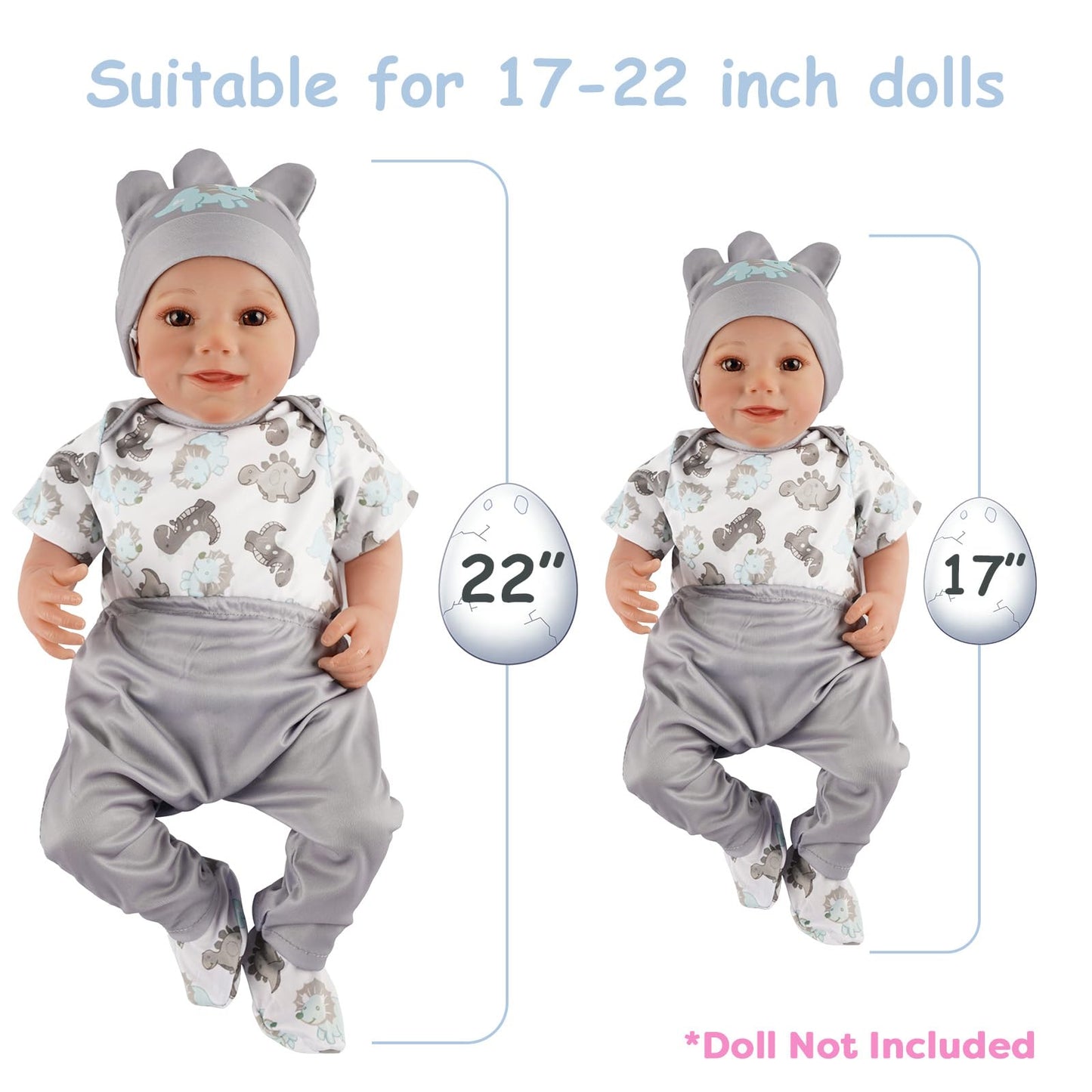 BABESIDE 6-Piece Reborn Baby Doll Clothes Set for 17-22 Inch Dolls - Dinosaur Outfit with Hat  Bib  Socks for Boy or Girl Dolls